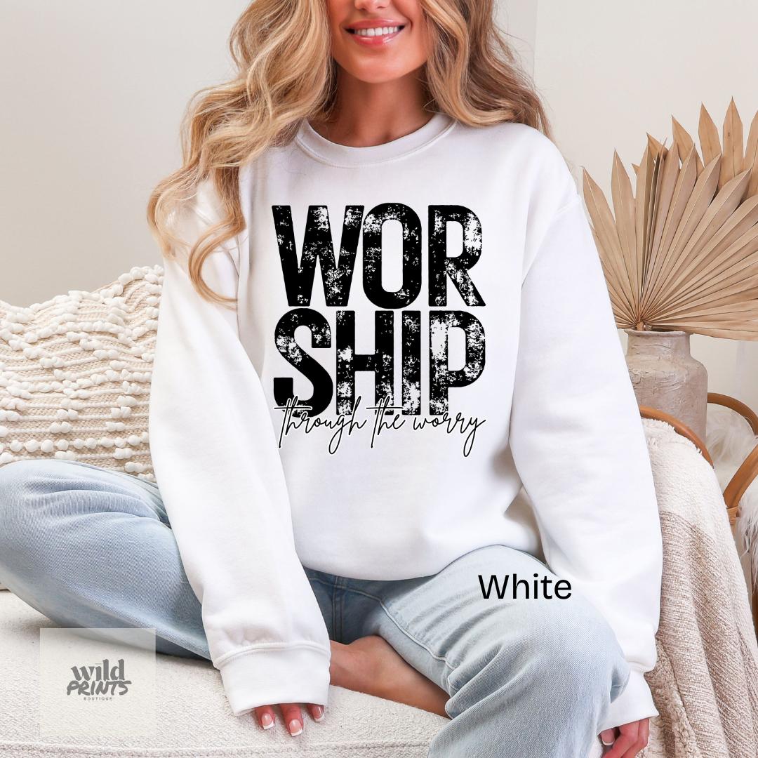 Worship Through the Worry Gildan Crewneck Sweatshirt