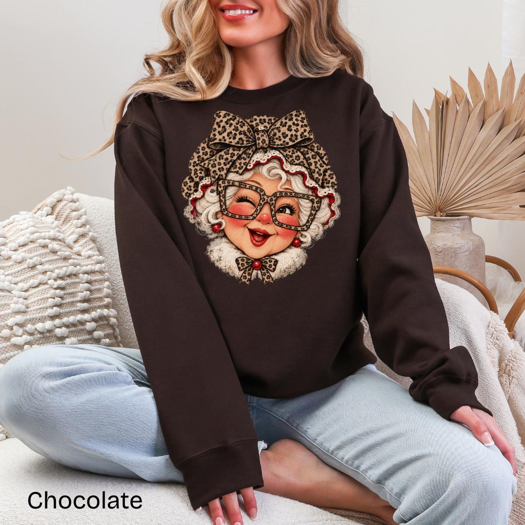Vintage Mrs Claus Leopard Bow Gildan Crewneck Sweatshirt