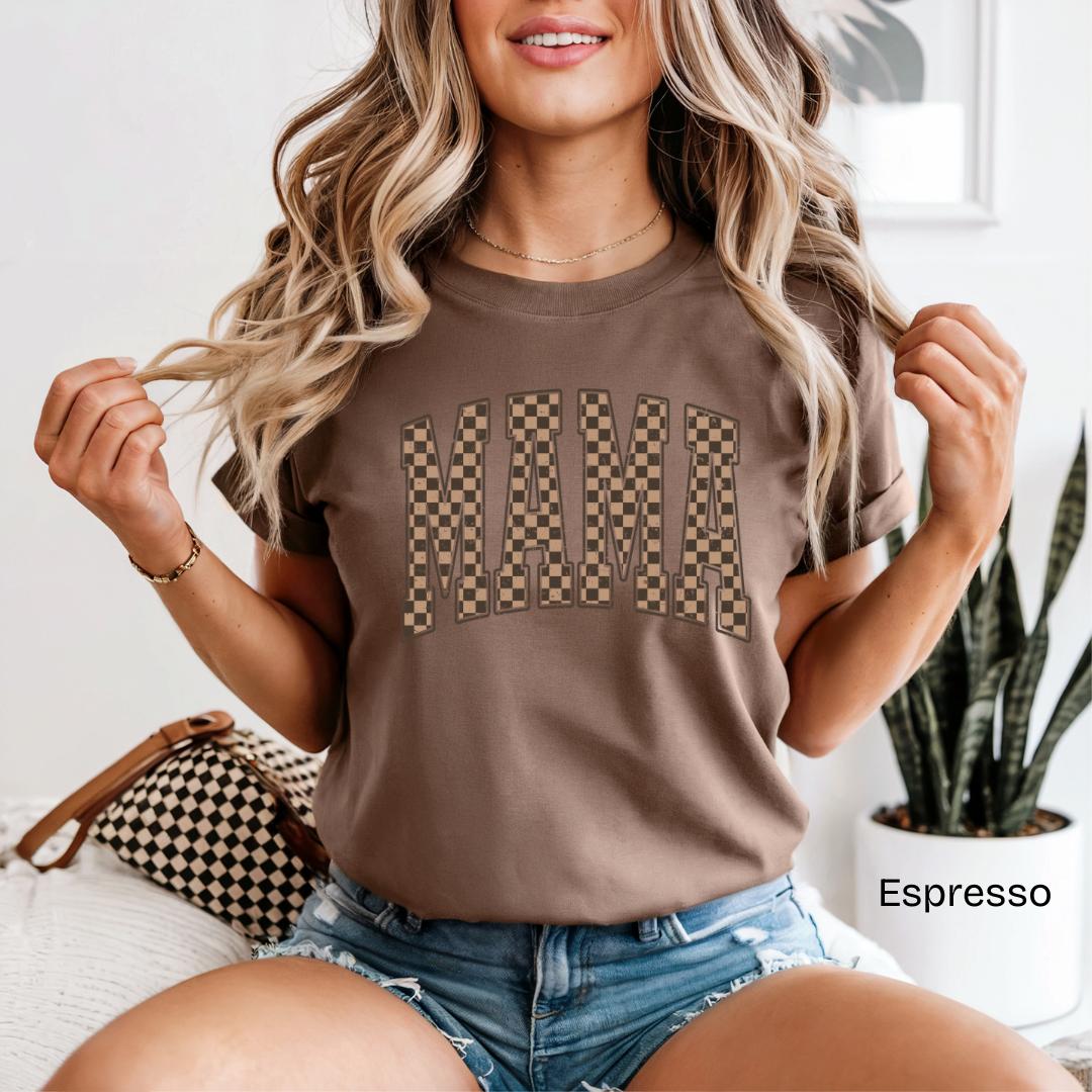 MAMA Checkered Varsity Comfort Colors T-Shirt in Espresso
