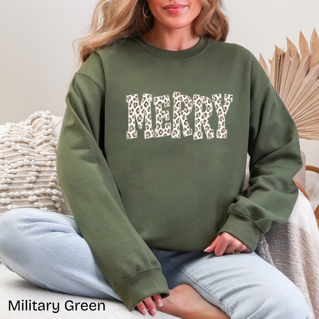 MERRY Leopard Varsity Gildan Crewneck Sweatshirt