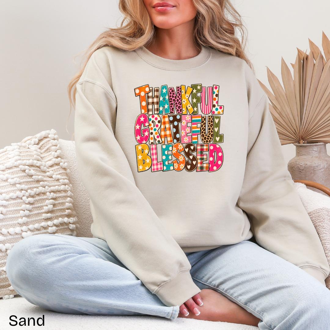 Thankful Grateful Blessed Patchwork Gildan Crewneck Sweatshirt
