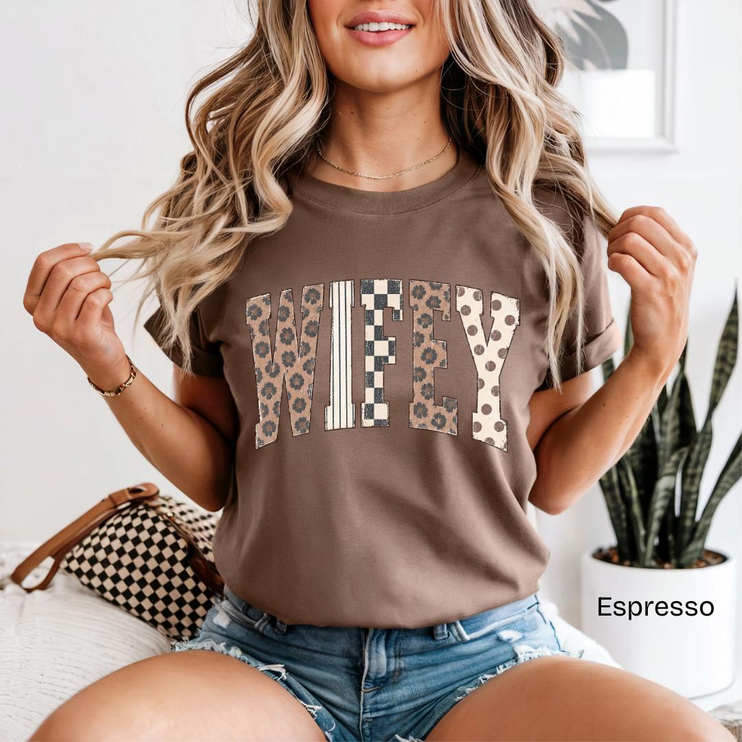 WIFEY Leopard Checkered Patchwork Varsity Comfort Colors T-Shirt in Espresso