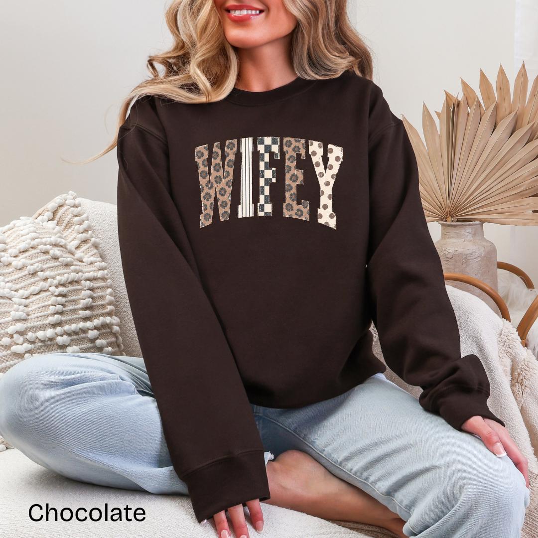 WIFEY Leopard Checkered Patchwork Varsity Gildan Crewneck Sweatshirt in Dark Chocolate