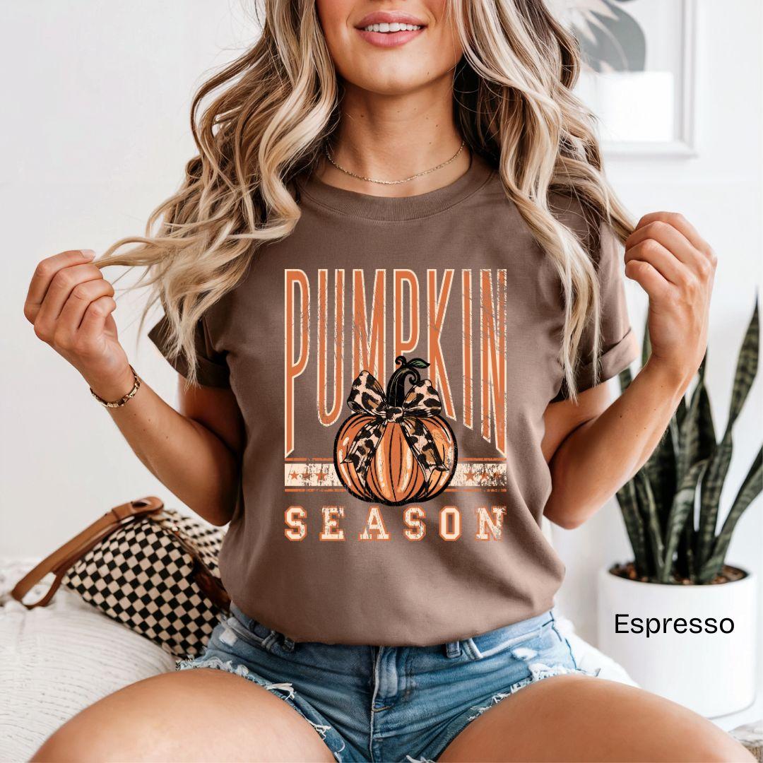 Pumpkin Season Leopard Bow Varsity Comfort Colors T-Shirt