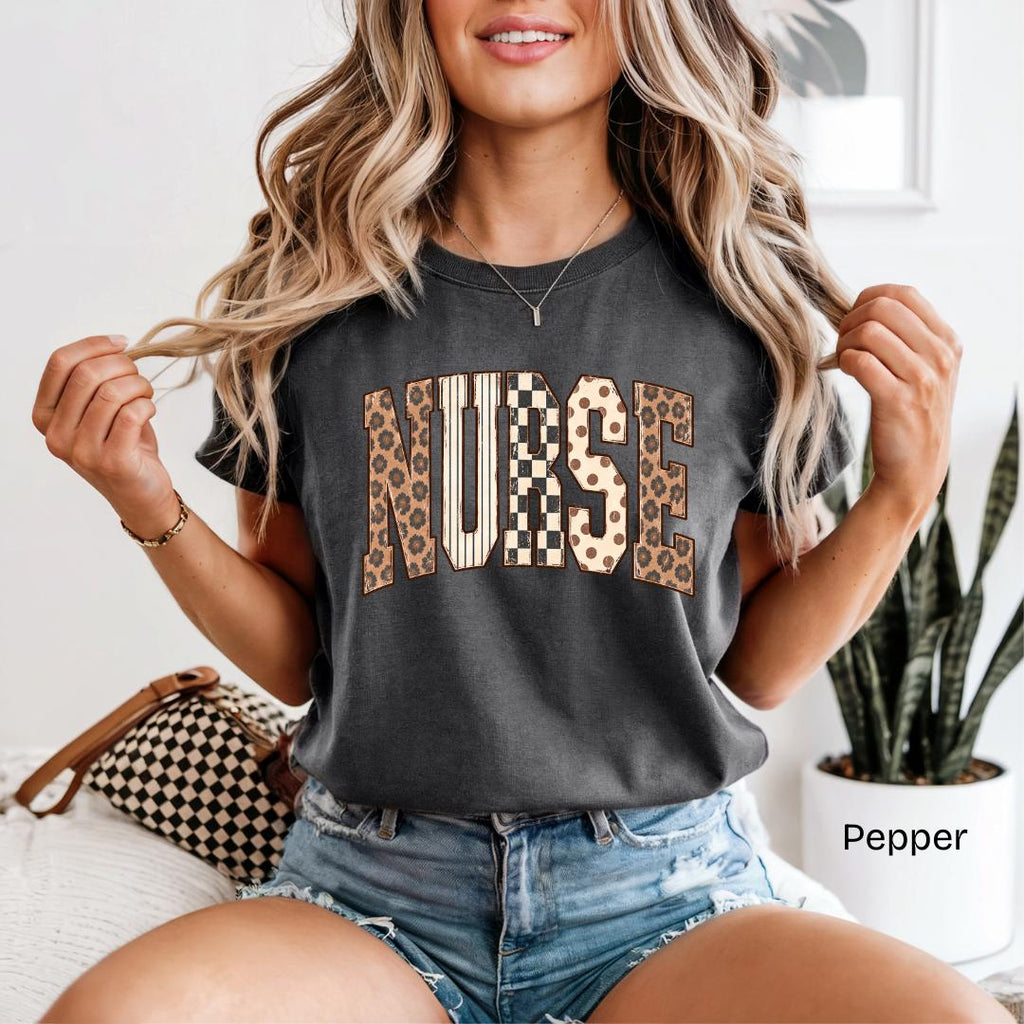 NURSE Leopard Checkered Polka Dot Varsity Comfort Colors T-Shirt
