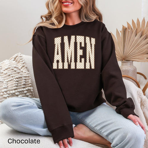 AMEN Polka Dot Varsity Gildan Crewneck Sweatshirt in Dark Chocolate