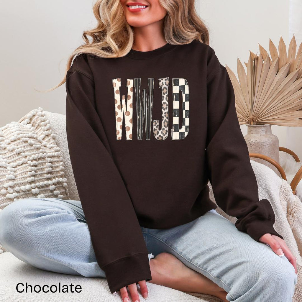 WWJD Leopard Checkered Patchwork Gildan Crewneck Sweatshirt