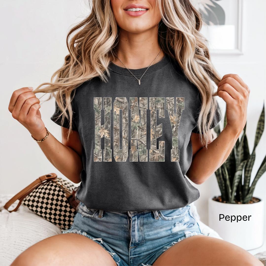 HONEY Camo Varsity Comfort Colors T-Shirt
