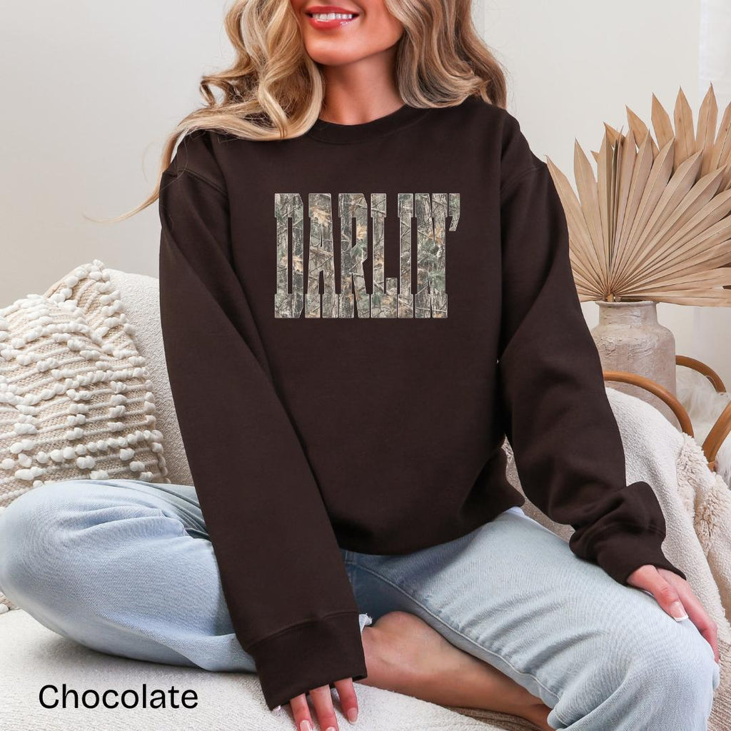DARLIN' Camo Gildan Crewneck Sweatshirt