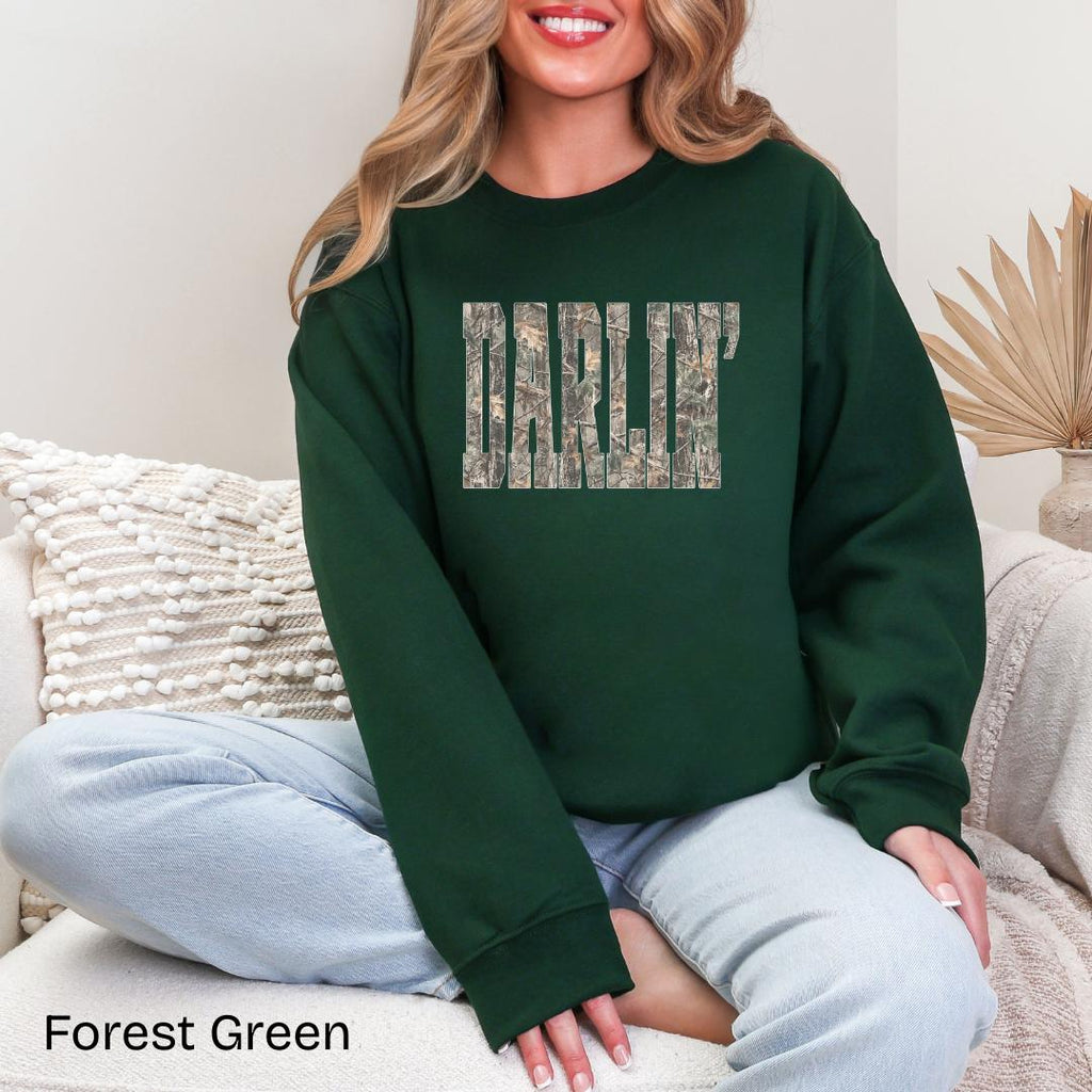 DARLIN' Camo Gildan Crewneck Sweatshirt