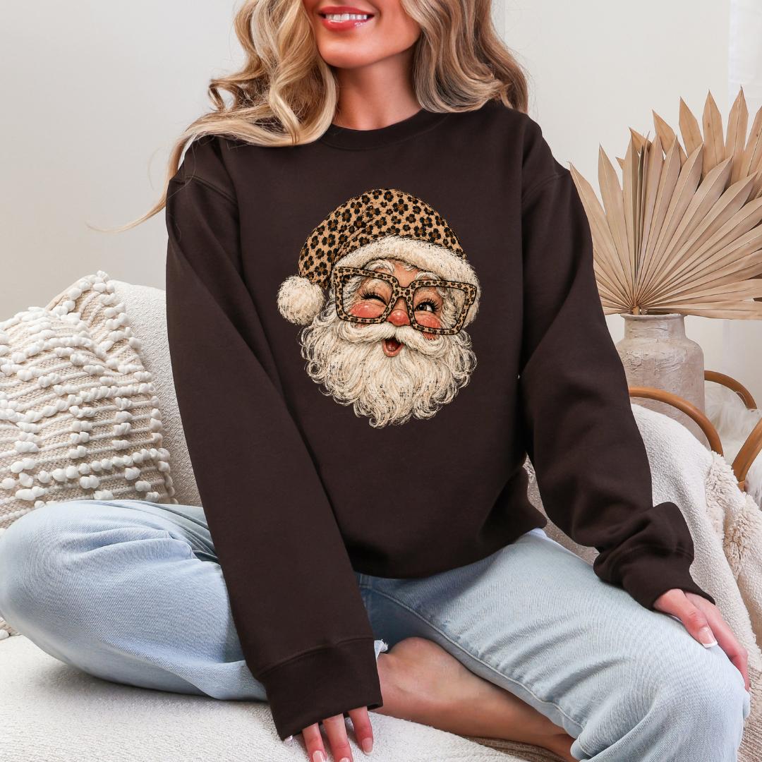 Santa Leopard Glasses Gildan Crewneck Sweatshirt
