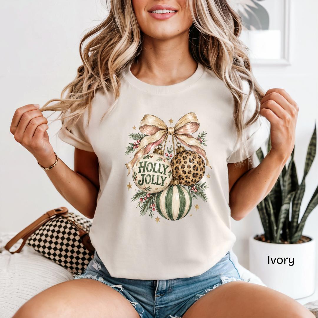 Holly Jolly Leopard Ornaments Bow Comfort Colors T-Shirt in Ivory