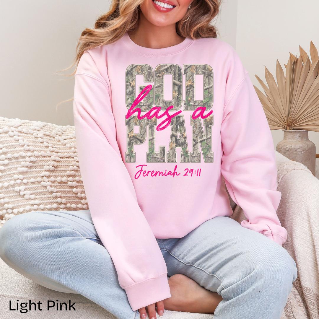 God Has A Plan Jeremiah 29:11 Camo Gildan Crewneck Sweatshirt