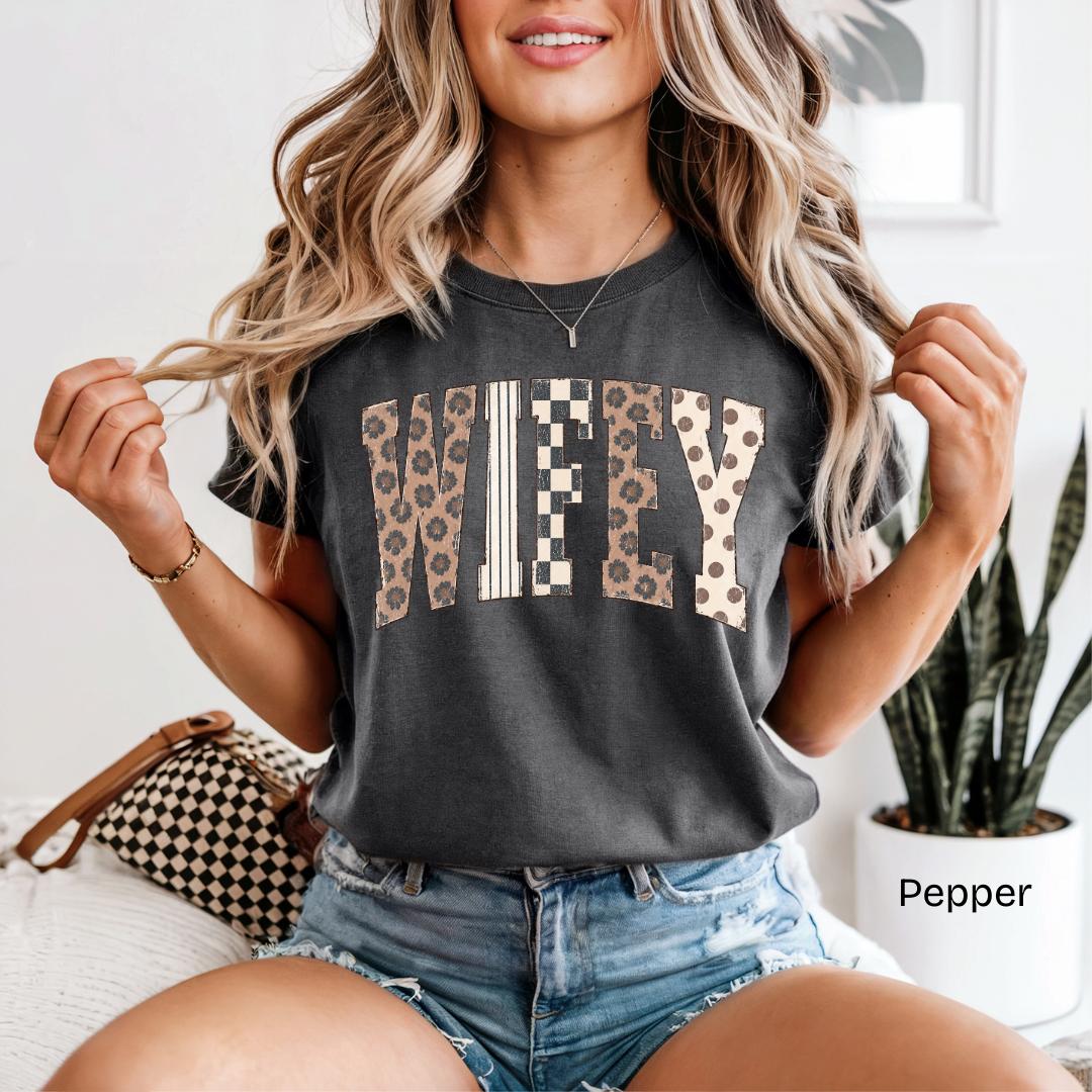 WIFEY Leopard Checkered Patchwork Varsity Comfort Colors T-Shirt in Pepper