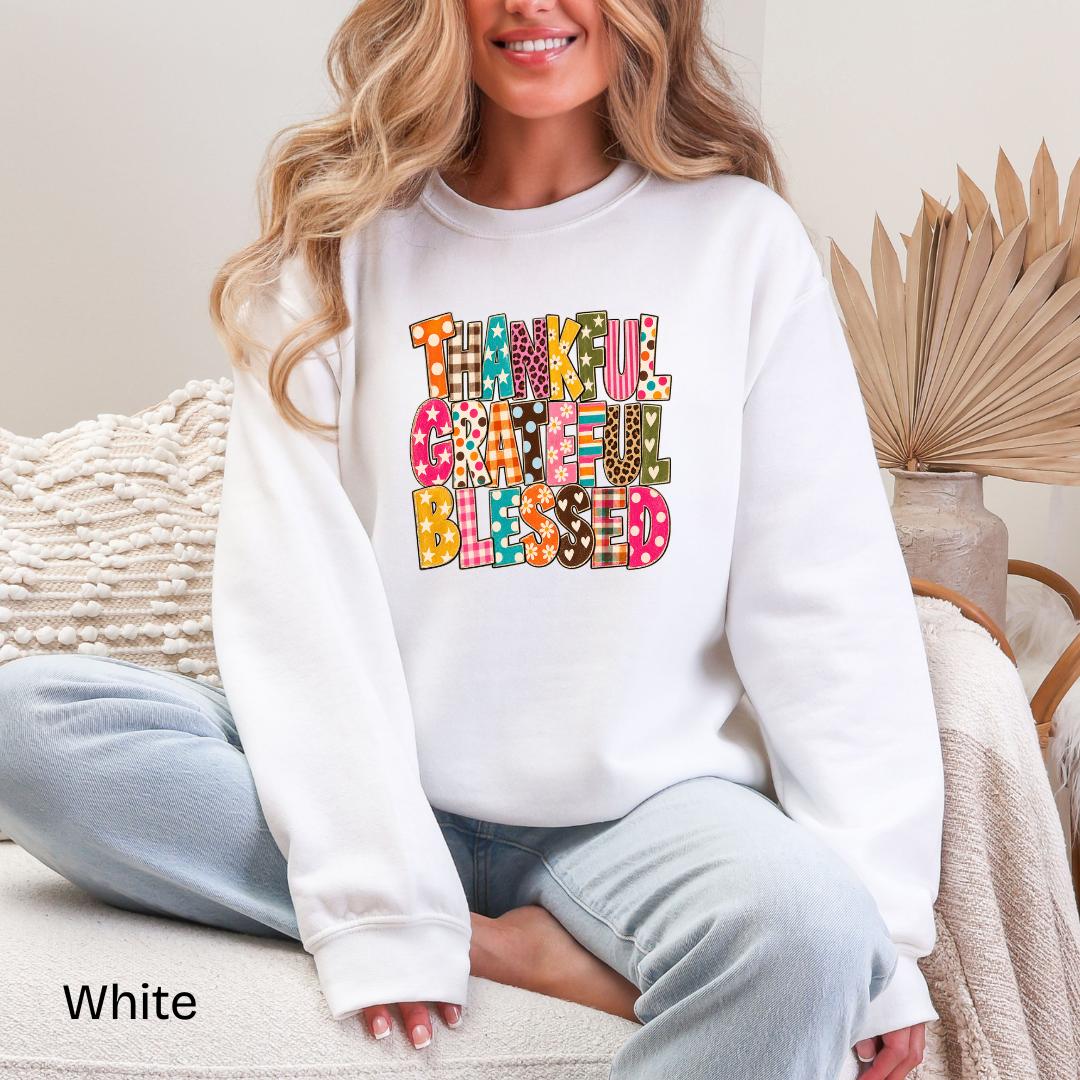 Thankful Grateful Blessed Patchwork Gildan Crewneck Sweatshirt