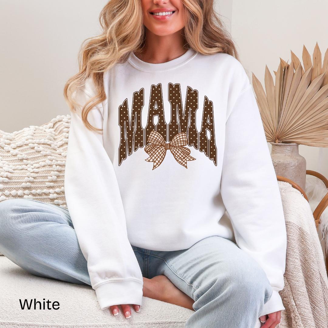 MAMA Polka Dot Gingham Bow Gildan Crewneck Sweatshirt