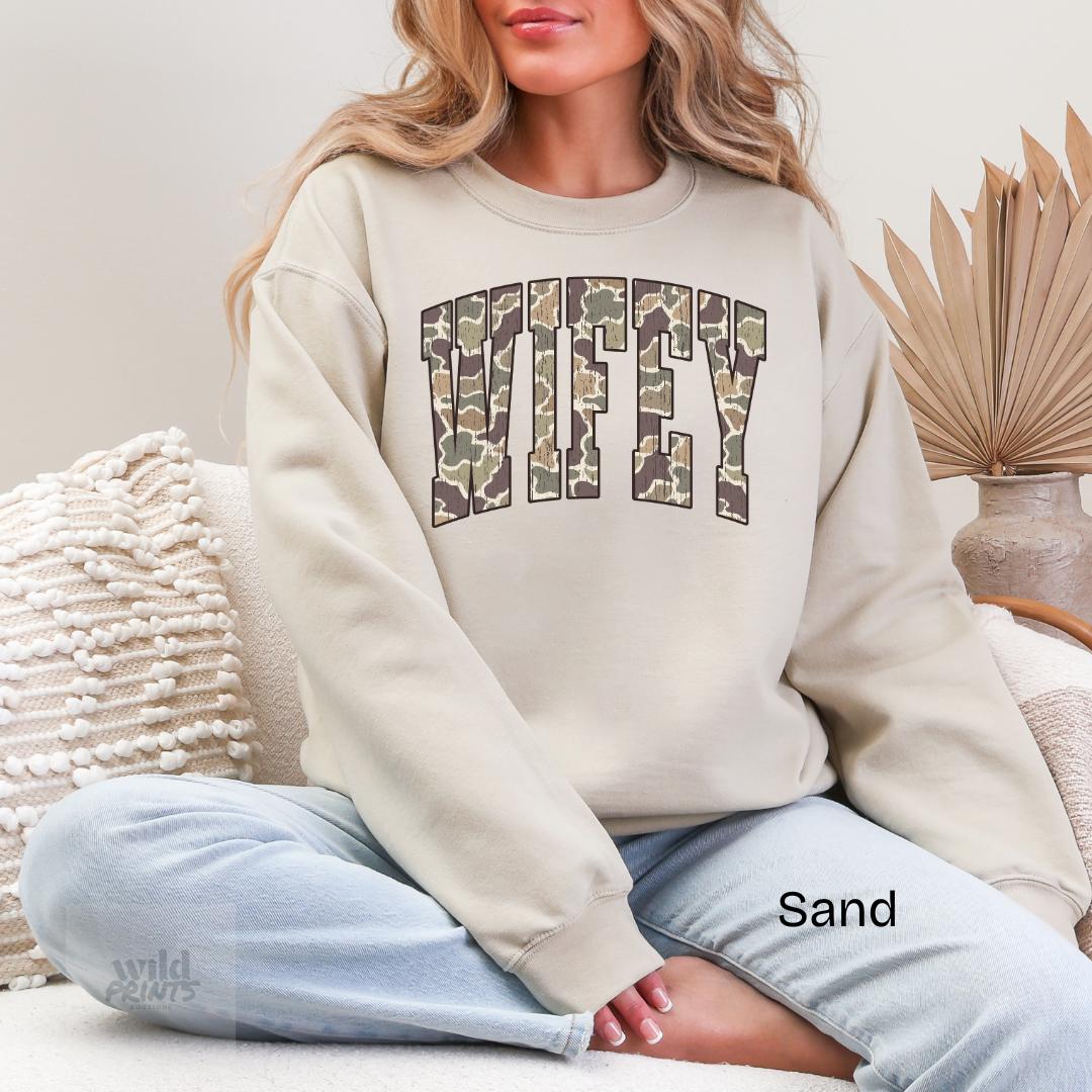 WIFEY Camo Gildan Crewneck Sweatshirt
