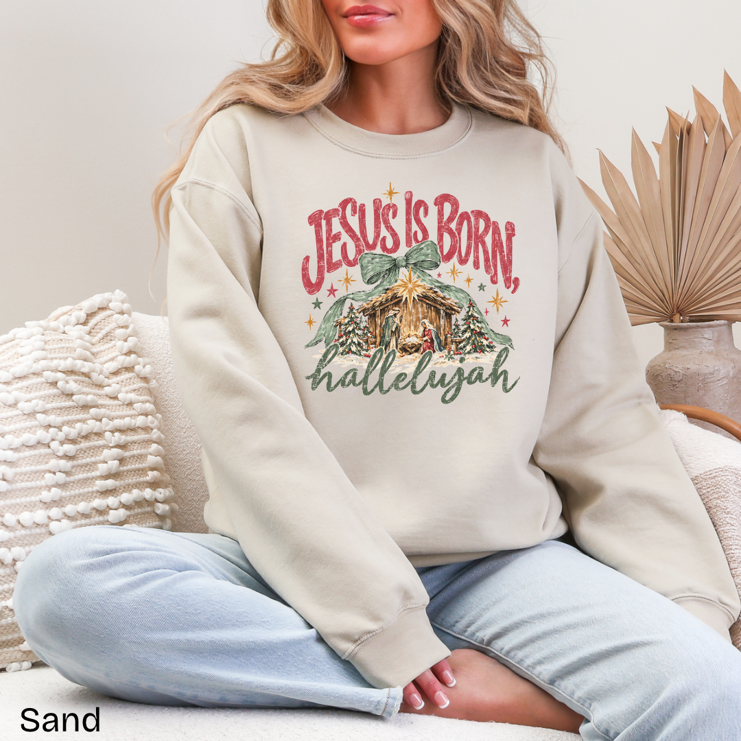Jesus Is Born Hallelujah Nativity Gildan Crewneck Sweatshirt