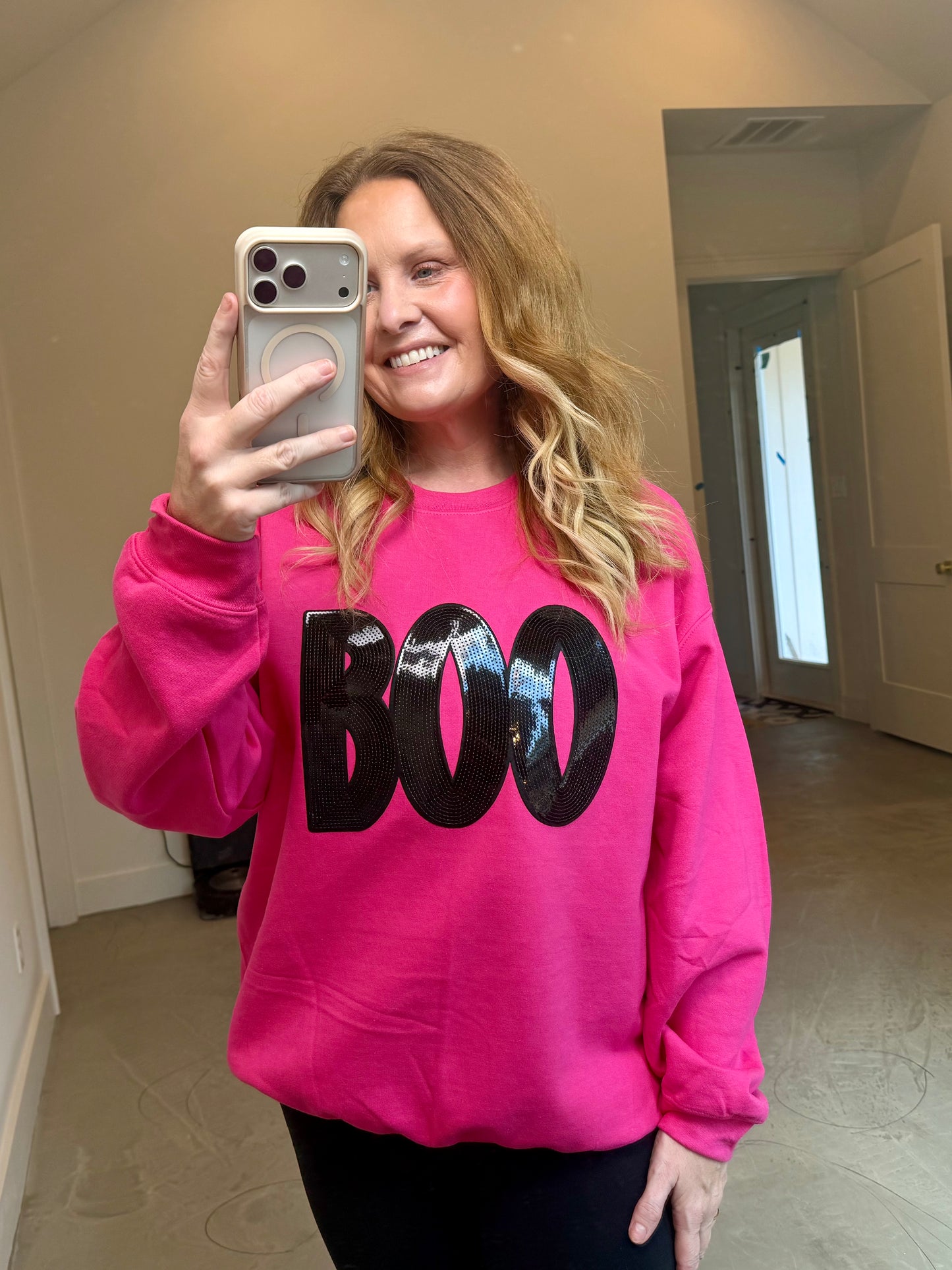Ladies Halloween Boo Sequin Patch Sweatshirt