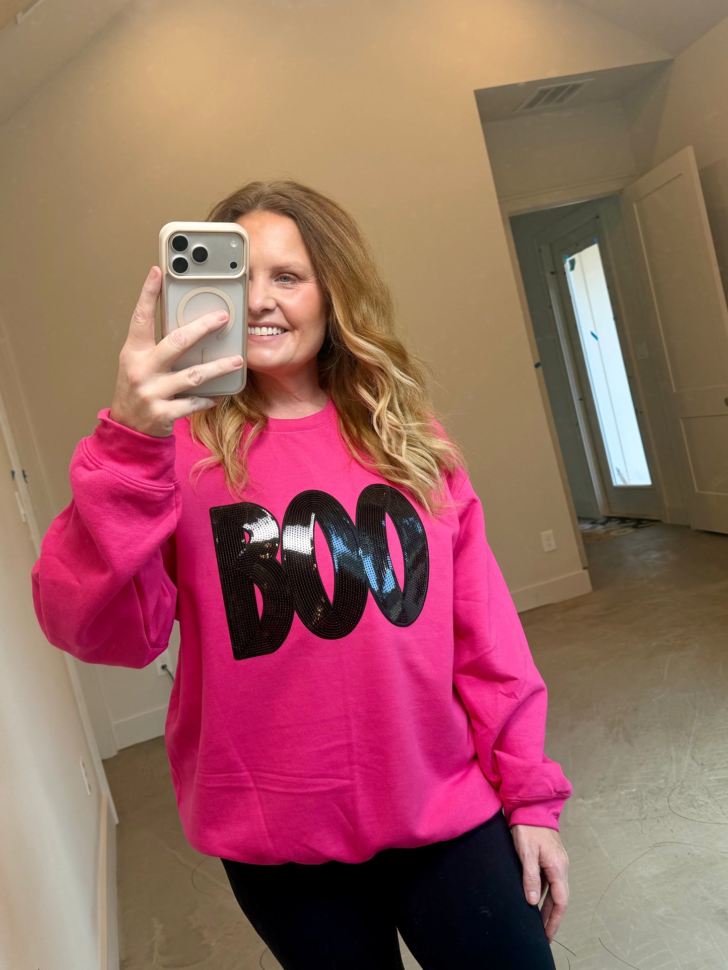 Ladies Halloween Boo Sequin Patch Sweatshirt