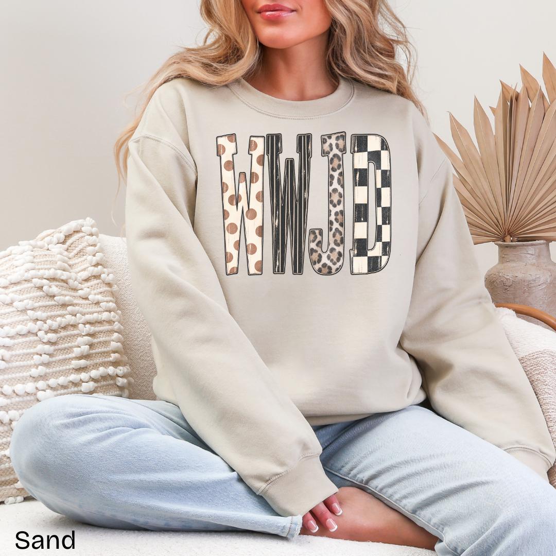 WWJD Leopard Checkered Patchwork Gildan Crewneck Sweatshirt
