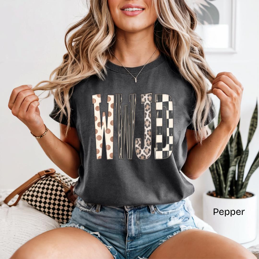 WWJD Leopard Checkered Patchwork Comfort Colors T-Shirt
