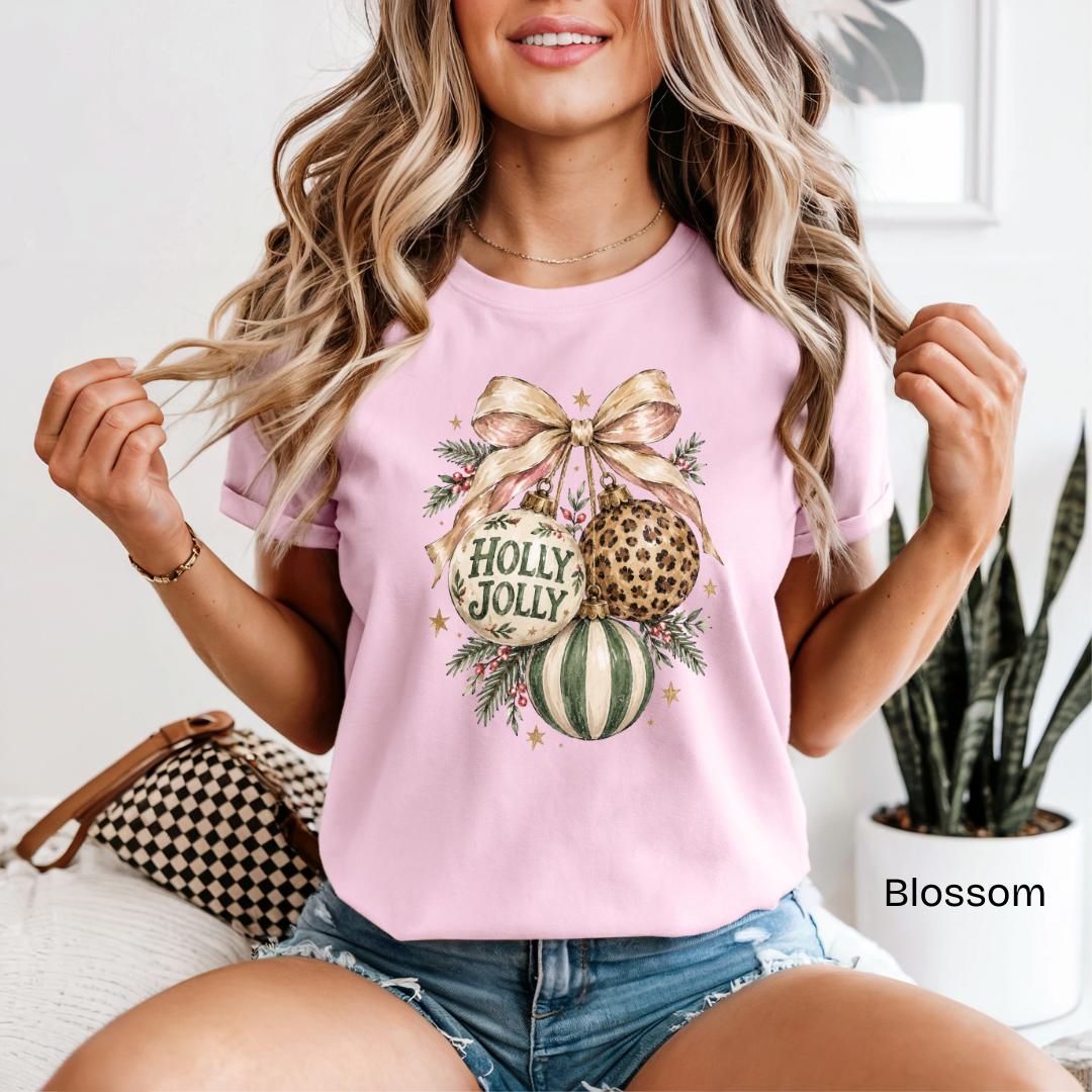 Holly Jolly Leopard Ornaments Bow Comfort Colors T-Shirt in Blossom