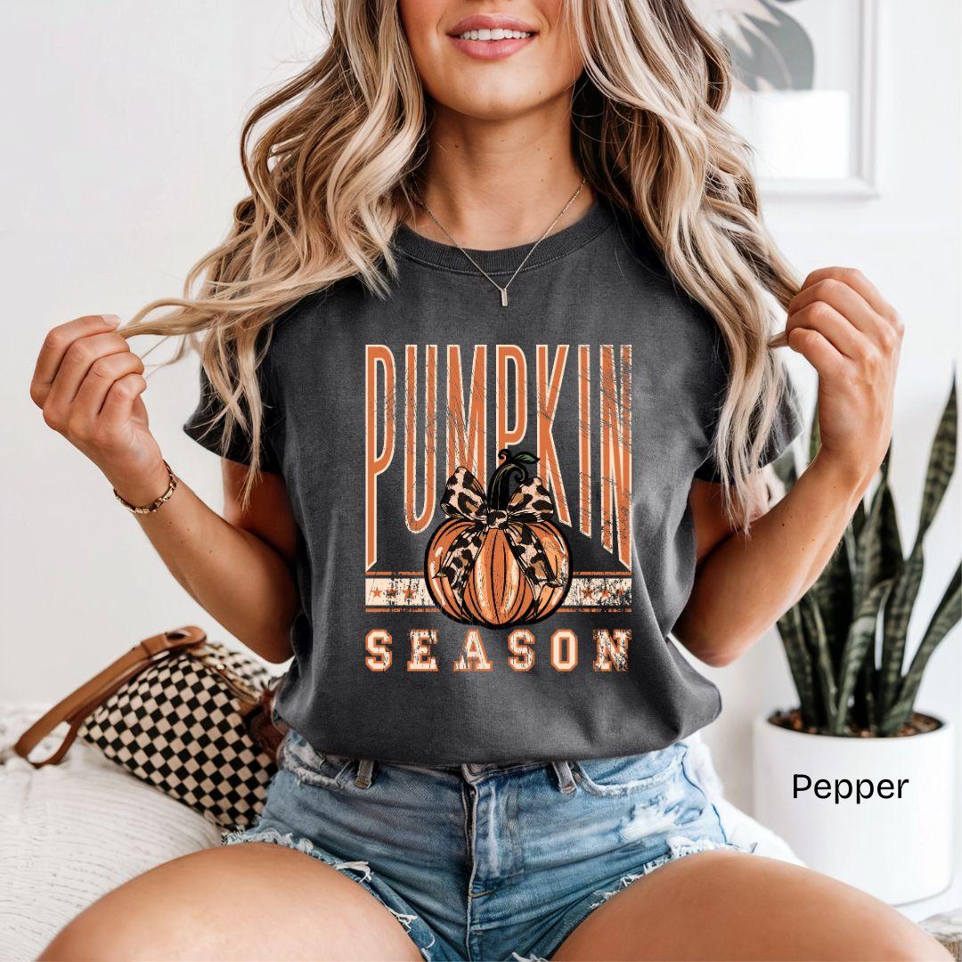 Pumpkin Season Leopard Bow Varsity Comfort Colors T-Shirt