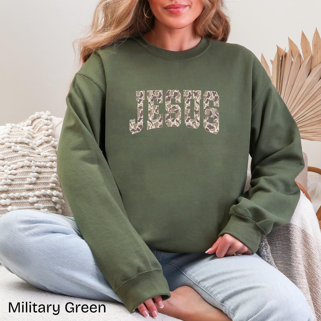 JESUS Duck Camo Varsity Gildan Crewneck Sweatshirt